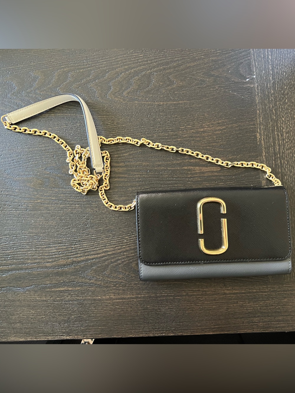 Marc Jacobs Black Leather Crossbody Wallet with Gold Chain
